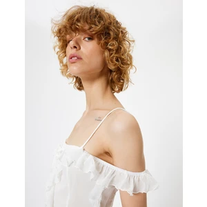 Omuzları Açık Fırfırlı Bluz Crop Ince Askılı