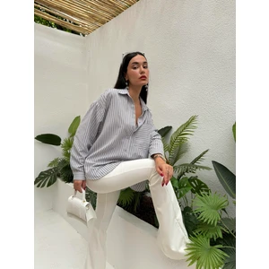 Gri Beyaz Çizgili Oversize Cepli Gömlek 27135