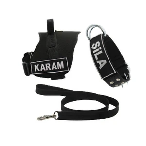 Kişiye Özel, Isimli K9 Tasma Seti , Boyun Tasması, Göğüs Tasması, Gezdirme Ipi Siyah