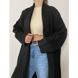 Siyah Pis Dikiş Detaylı Uzun Oversize Yumoş Triko Hırka 26257