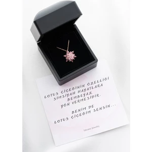 Silvano Jewelry 925 Ayar Gümüş Işıklı Kutu Pembe Buzlu Lotus Çiçeği Kolye
