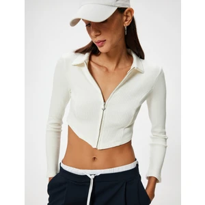 Crop Hırka Fermuarlı Gömlek Yaka Asimetrik Kesim Slim Fit