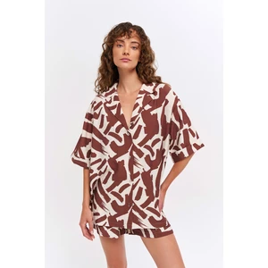 Kısa Kol Detaylı Desenli Gömlek Kahverengi