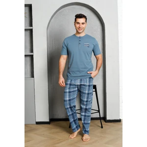 Erkek Pijama Takımı Süprem Kısa Kollu Düğmeli Ekoseli Baskılı Pamuklu M58382335