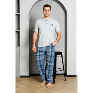 Erkek Pijama Takımı Süprem Kısa Kollu Düğmeli Ekoseli Baskılı Pamuklu M58382335