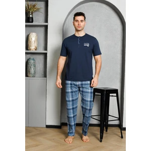 Erkek Pijama Takımı Süprem Kısa Kollu Düğmeli Ekoseli Baskılı Pamuklu M58382335