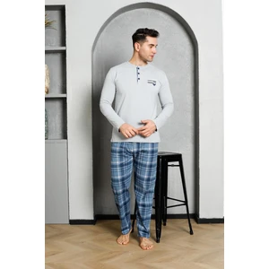 Erkek Pijama Takımı Uzun Kollu Büyük Ekoseli Biyeli Yaka Düğmeli Pamuklu M58372320