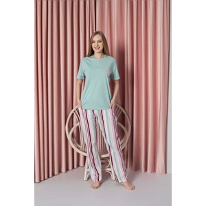 Kadın Pijama Takımı Süprem Kısa Kollu Alt Çizgili Göğüs Nakışlı Pamuklu W20722328