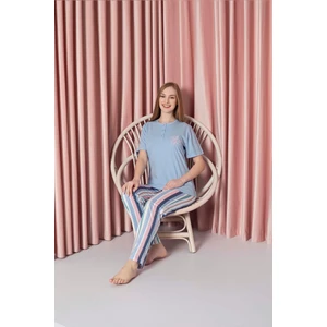 Kadın Pijama Takımı Süprem Kısa Kollu Alt Çizgili Göğüs Nakışlı Pamuklu W20722328
