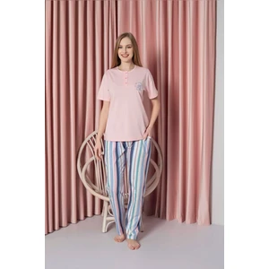 Kadın Pijama Takımı Süprem Kısa Kollu Alt Çizgili Göğüs Nakışlı Pamuklu W20722328