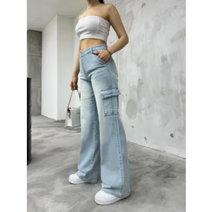 Kadın Soluk Efekt Vintage Yüksek Bel Wide Leg Kargo Pantolon