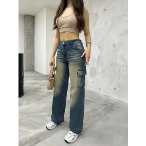 Kadın Soluk Efekt Vintage Yüksek Bel Wide Leg Kargo Pantolon