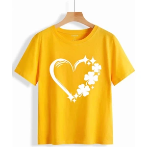 Amor Man Büyük Beden Özel Tasarım Üç Beyaz Yoncalı Kalp Baskılı Süper Oversize Battal Kadın T-Shırt