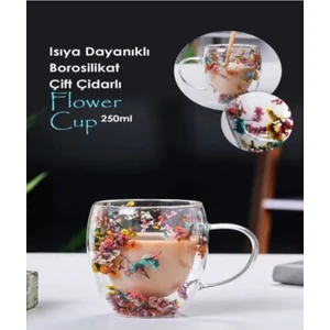 Isıya Dayanıklı Borosilikat Çift Çidarlı Flower Cup Çiçekli Bardak | Çiçekli Kahve Sunum Bardağı