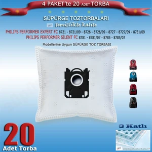 Phılıps Performer Expert Fc 8721 - 8721/09 - 8726 - 8726/09 - 8727 - 8727/09 - 8731/09  Performer Silent Fc 8781 - 8781/07 - 8785 - 8785/07 Modellerine Uygun 20 Adet Süpürge Toz Torbası 202420