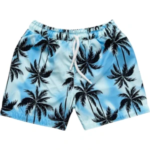 Lolli Boom Kids  Yeni Sezon Erkek Çocuk Beyaz Mavi Geçişli Palmiye Baskılı Bel Bağcıklı Şort Mayo Fileli Tam / Regular Kalıp