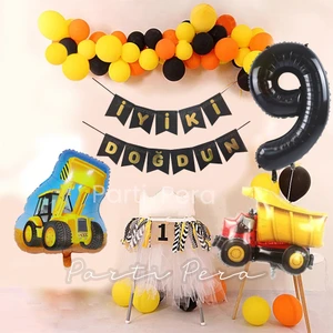 Parti Pera Inşaat Tema Konsept Balon Zinciri Seti Kepçe Kamyon Folyo Balon Seti