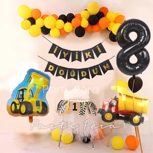 Parti Pera Inşaat Tema Konsept Balon Zinciri Seti Kepçe Kamyon Folyo Balon Seti