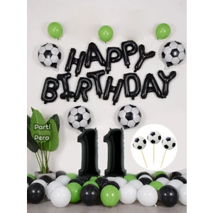 Parti Pera Futbol Temalı Konsept Doğum Günü Balon Seti Siyah Happy Birthday Folyo Balon