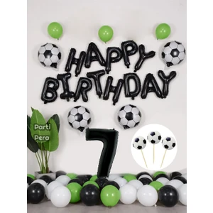 Parti Pera Futbol Temalı Konsept Doğum Günü Balon Seti Siyah Happy Birthday Folyo Balon