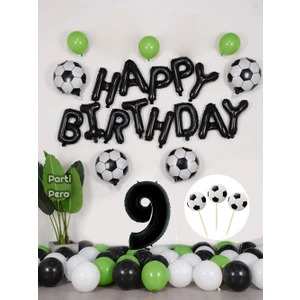 Parti Pera Futbol Temalı Konsept Doğum Günü Balon Seti Siyah Happy Birthday Folyo Balon