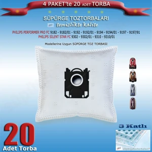 Phılıps Performer Pro Fc 9182 - 9182/01 - 9192 - 9192/01 - 9194 - 9194/01 - 9197 - 9197/91 Silent Star Fc 9302 - 9302/01 - 9310 - 9310/01 Modellerine Uygun 20 Adet Süpürge Toz Torbası 202420