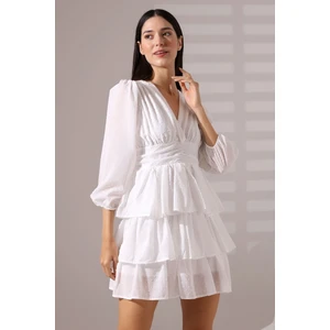 Mois Atelier Beyaz Ponpon Şifon Büzgülü Fırfırlı Mini Abiye Nikah Elbise Tasarım Hediye Büyük Beden