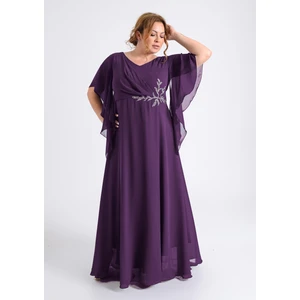 Lilas Xxl Büyük Beden Mürdüm Renkli Yırtmaçlı Uzun Şifon Abiye Elbise