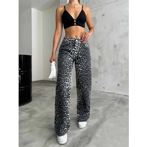 Kadın Leopar Desenli Yüksel Bel Geniş Paça Lıkralı Palazzo Pantolon