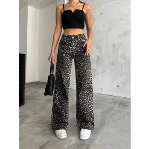 Kadın Leopar Desenli Yüksel Bel Geniş Paça Lıkralı Palazzo Pantolon