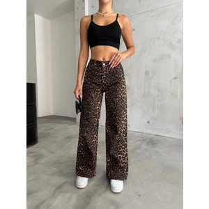Kadın Leopar Desenli Yüksel Bel Geniş Paça Lıkralı Palazzo Pantolon