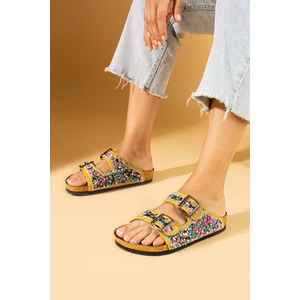 Pembe Potin Renkli Doğal Taşlı Çift Tokalı Anatomik Taban Kadın Terlik 51-605-24