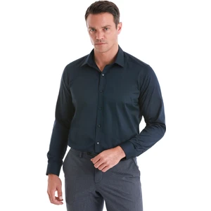 Hatem Saykı Lacivert Slim Fit Düz 100% Pamuk Slim Yaka Uzun Kollu Saten Gömlek