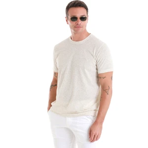 Hatem Saykı Bej Regular Fit Jakarlı Bisiklet Yaka Keten Tişört