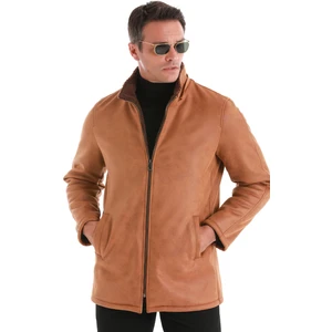 Kahverengi Slim Fit Hakim Yaka Kapüşonlu Basic Deri Kaban