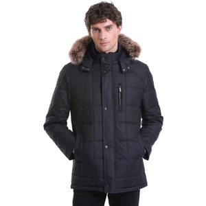 Lacivert Slim Fit Düz Hakim Yaka Kürklü Kapüşonlu Kaban