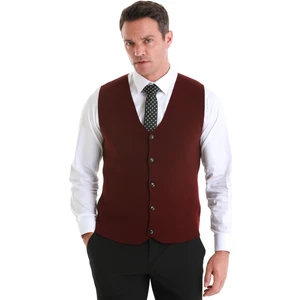 Bordo Regular Fit Düz V Yaka Triko Yelek