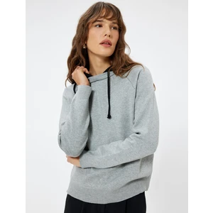 Kapşonlu Triko Sweatshirt Kazak Renk Kontrastlı