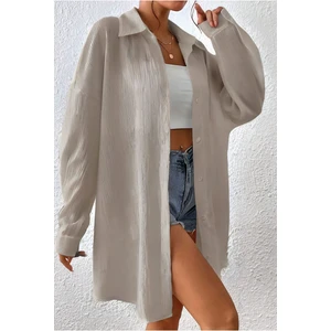 Kadın Bej Oversize Uzun Gömlek