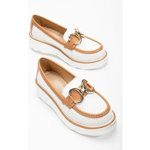 Tonny Black Kadın Beyaz Taba Rahat Kalıp Önü Tokalı Kalın Taban Loafer