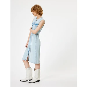 Midi Gömlek Elbise Kot Kemerli Bisiklet Yaka Düğmeli Cep Detaylı