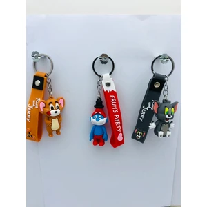 Şirin Baba,,tom Cat ve Jerry 3 Adet 3D Silikon Anahtarlık Oyuncak ve Çanta Aksesuarı