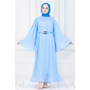 Piliseli Kolu Volanlı Diva Şifon Abiye Elbise-Bebe mavi