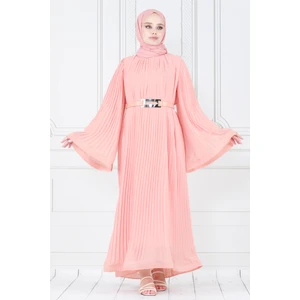 Piliseli Kolu Volanlı Diva Şifon Abiye Elbise-Pudra