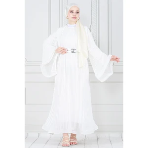 Piliseli Kolu Volanlı Diva Şifon Abiye Elbise-Beyaz
