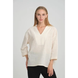 Alexander Gardi Alexandergardı V Polo Yaka Ince Keten Oversize Bluz (B24-002)