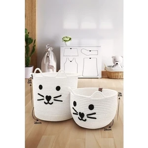 Beyaz Ikili Jüt Ip Kedi Tasarımlı Çok Amaçlı Çocuk Odası Oyuncak Kıyafet Kirli Sepeti Organizer