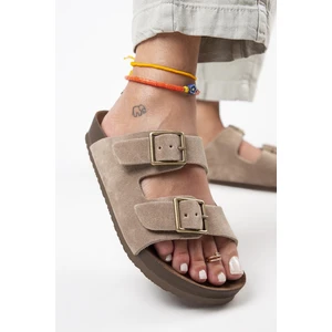 Anlelic Kadın  Hakiki Deri Çift Tokalı  Vizon Terlik