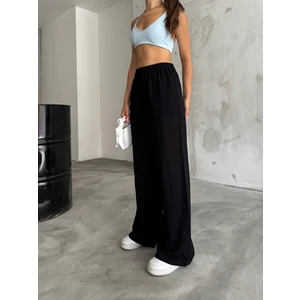 Kadın Siyah Keten Beli Lastik Bağlamalı Yüksek Bel Geniş Kesim Cepli Yazlık Pantolon