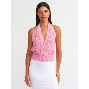 60234 Soluk Efektli V Halter Yaka Düğmeli Triko Yelek-Pembe